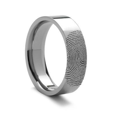 10k Fingerprint Ring White Gold Engraved Flat Band- 4mm - 8mm