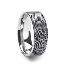 10k Fingerprint Ring White Gold Engraved Flat Brushed Band - 4mm - 8mm