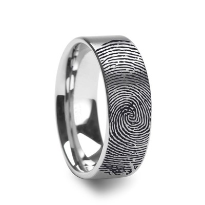 10k Fingerprint Ring White Gold Engraved Flat Brushed Band - 4mm - 8mm