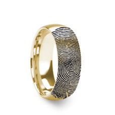 10k Fingerprint Ring Yellow Gold Engraved Domed Brushed Band - 4mm - 8mm