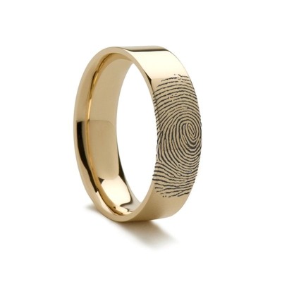 10k Fingerprint Ring Yellow Gold Engraved Flat Band - 4mm - 8mm