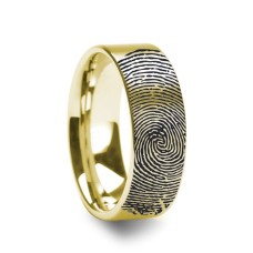 10k Fingerprint Ring Yellow Gold Engraved Flat Brushed Band - 4mm - 8mm