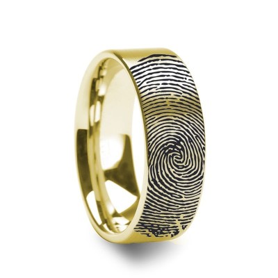 10k Fingerprint Ring Yellow Gold Engraved Flat Brushed Band - 4mm - 8mm