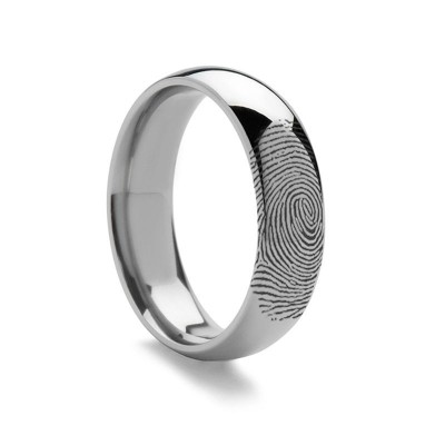 14k Fingerprint Ring White Gold Engraved Domed Band - 4mm - 8mm