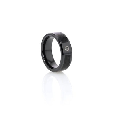 ABERDEEN Black Ceramic Ring with Black Diamond Wedding Band and Black Carbon Fiber Inlay - 8mm