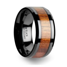 ACACIA Koa Wood Inlaid Black Ceramic Ring with Bevels - 4 mm - 12 mm