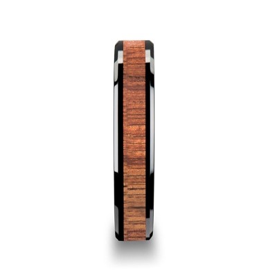 ACACIA Koa Wood Inlaid Black Ceramic Ring with Bevels - 4 mm - 12 mm