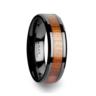 ACACIA Koa Wood Inlaid Black Ceramic Ring with Bevels - 4 mm - 12 mm