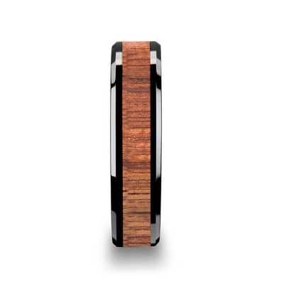 ACACIA Koa Wood Inlaid Black Ceramic Ring with Bevels - 4 mm - 12 mm