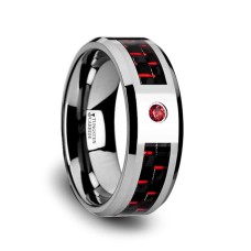 ADRIAN Tungsten Carbide Ring with Black and Red Carbon Fiber and Red Ruby Setting with Bevels - 8mm