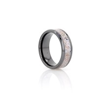 ALLOSAURUS Black Ceramic Flat Beveled Wedding Ring with White Dinosaur Bone Inlay - 8mm