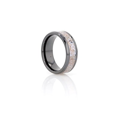 ALLOSAURUS Black Ceramic Flat Beveled Wedding Ring with White Dinosaur Bone Inlay - 8mm