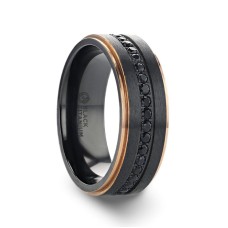ASTRO Flat Brushed Black Titanium Ring with Rose Gold Plated Edge and Black Sapphire Settings all around - 8mm