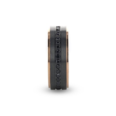 ASTRO Flat Brushed Black Titanium Ring with Rose Gold Plated Edge and Black Sapphire Settings all around - 8mm