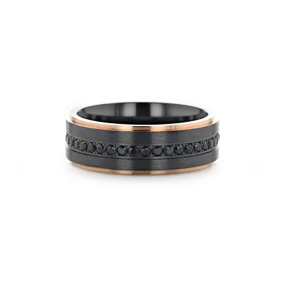 ASTRO Flat Brushed Black Titanium Ring with Rose Gold Plated Edge and Black Sapphire Settings all around - 8mm