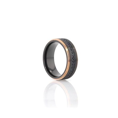 ASTRO Flat Brushed Black Titanium Ring with Rose Gold Plated Edge and Black Sapphire Settings all around - 8mm