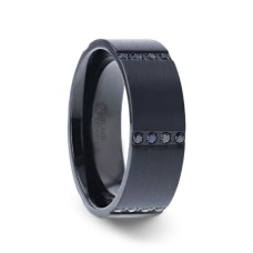 MYSTERIOUS Flat Brushed Black Titanium Men's Wedding Ring With 6 Sets of Quadruple Black Sapphires In Horizontal Channels