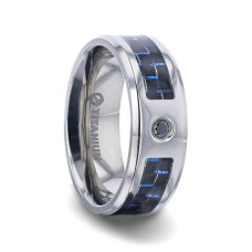 PACIFIC Black And Blue Carbon Fiber Inlaid Titanium Men's Wedding Band With Beveled Polished Edges and Black Sapphire Center Stone - 8mm