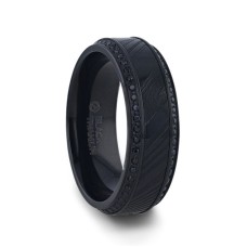 TROPHY Black Damascus Steel Inlaid Polished Black Titanium Men's Wedding Band With Black Sapphire Beveled Edges - 8mm