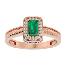0.85 Carat Antique Style Emerald and Diamond Ring in 10 Karat Rose Gold