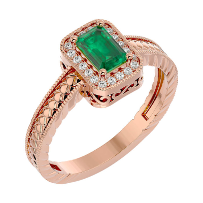 0.85 Carat Antique Style Emerald and Diamond Ring in 10 Karat Rose Gold
