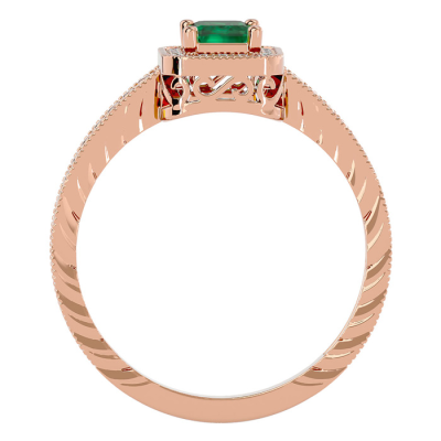 0.85 Carat Antique Style Emerald and Diamond Ring in 10 Karat Rose Gold