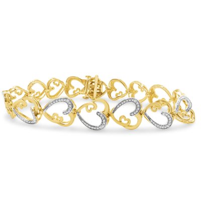1/10 Carat Diamond Heart Bracelet In 14K Yellow Gold Over Sterling Silver, 7 Inches