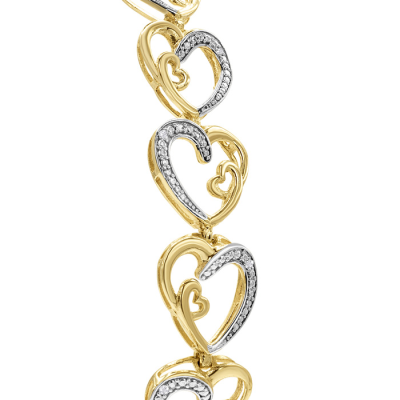 1/10 Carat Diamond Heart Bracelet In 14K Yellow Gold Over Sterling Silver, 7 Inches