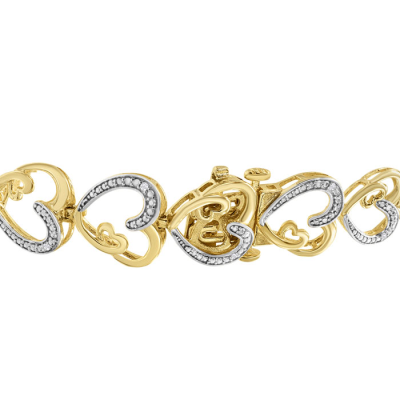 1/10 Carat Diamond Heart Bracelet In 14K Yellow Gold Over Sterling Silver, 7 Inches
