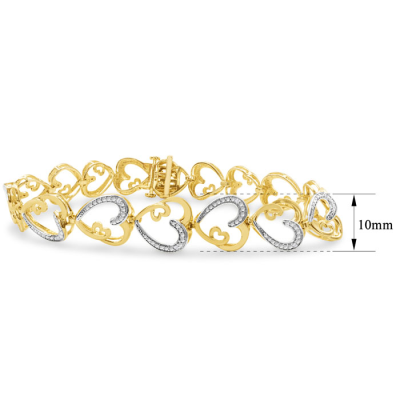 1/10 Carat Diamond Heart Bracelet In 14K Yellow Gold Over Sterling Silver, 7 Inches