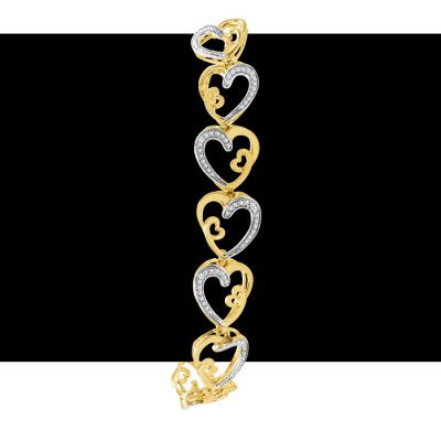 1/10 Carat Diamond Heart Bracelet In 14K Yellow Gold Over Sterling Silver, 7 Inches