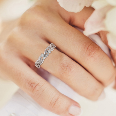 1/10 Carat Floral Diamond Wedding Band Crafted In 14 Karat White Gold
