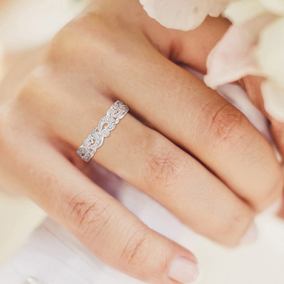 1/3 Carat Antique Floral Diamond Wedding Band Crafted In 14 Karat White Gold