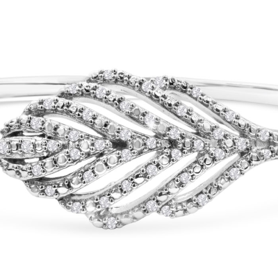1/4 Carat Diamond Leaf Bangle Bracelet In Sterling Silver, 7 Inches
