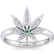 1/5 Carat Diamond and Emerald Weed Leaf Ring In 14K White Gold