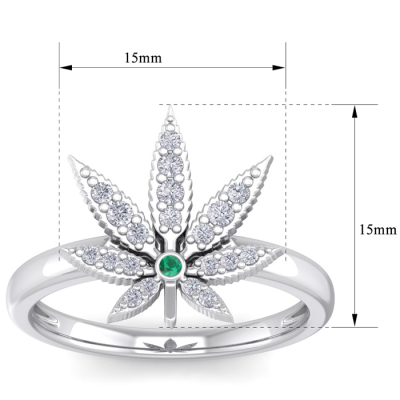 1/5 Carat Diamond and Emerald Weed Leaf Ring In 14K White Gold