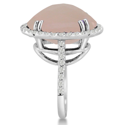 19ct Round Rose Quartz and Diamond Ring Crafted In Solid 14K White Gold