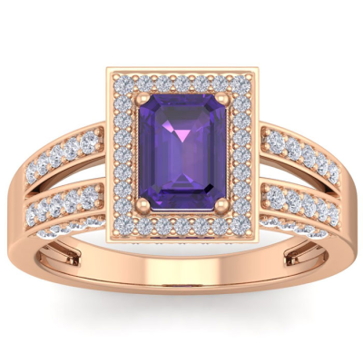 1 1/2 Carat Amethyst and Halo Diamond Ring In 14 Karat Rose Gold