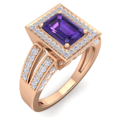 1 1/2 Carat Amethyst and Halo Diamond Ring In 14 Karat Rose Gold