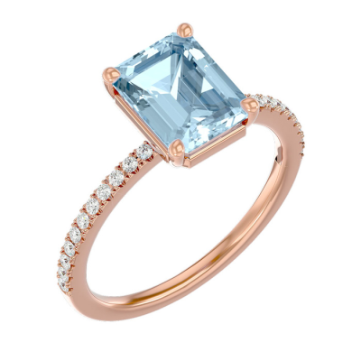 1 1/2 Carat Aquamarine and Diamond Ring In 14 Karat Rose Gold