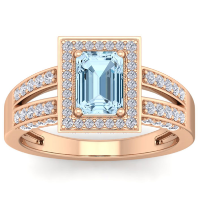 1 1/2 Carat Aquamarine and Halo Diamond Ring In 14 Karat Rose Gold