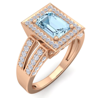 1 1/2 Carat Aquamarine and Halo Diamond Ring In 14 Karat Rose Gold