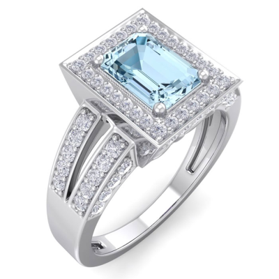 1 1/2 Carat Aquamarine and Halo Diamond Ring In 14 Karat White Gold