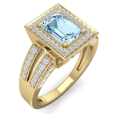 1 1/2 Carat Aquamarine and Halo Diamond Ring In 14 Karat Yellow Gold