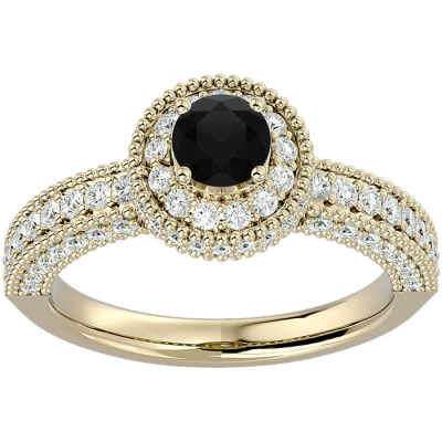 1 1/2 Carat Black Moissanite Halo Engagement Ring In 14 Karat Yellow Gold