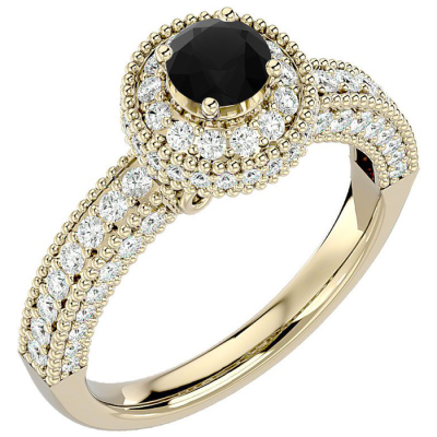 1 1/2 Carat Black Moissanite Halo Engagement Ring In 14 Karat Yellow Gold