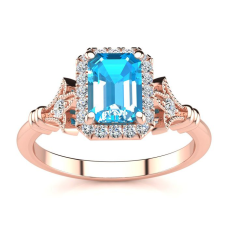 1 1/2 Carat Blue Topaz and Halo Diamond Vintage Ring In 14 Karat Rose Gold