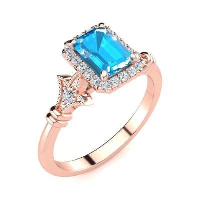 1 1/2 Carat Blue Topaz and Halo Diamond Vintage Ring In 14 Karat Rose Gold