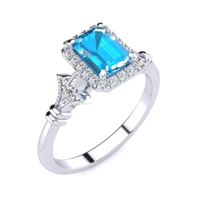 1 1/2 Carat Blue Topaz and Halo Diamond Vintage Ring In 14 Karat White Gold