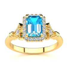 1 1/2 Carat Blue Topaz and Halo Diamond Vintage Ring In 14 Karat Yellow Gold